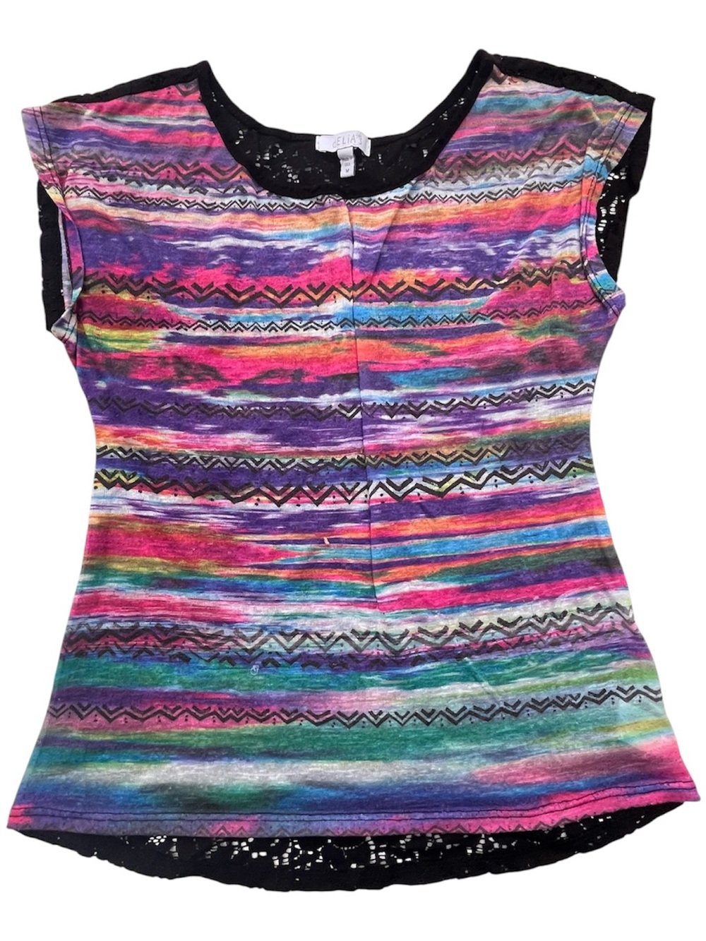 Delia’s Multicolored Babydoll Top w/ Lace Back Short Sleeve Sz M